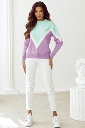 Women’s Lilac and Mint Color Block Sweater with White Triangle Detail