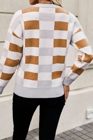 Women’s White, Gray and Brown Checkered Off-Shoulder Sweater