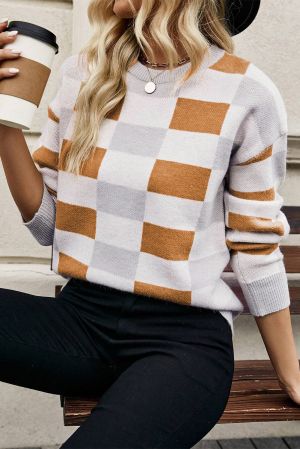 Women’s White, Gray and Brown Checkered Off-Shoulder Sweater