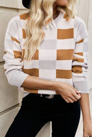 Women’s White, Gray and Brown Checkered Off-Shoulder Sweater