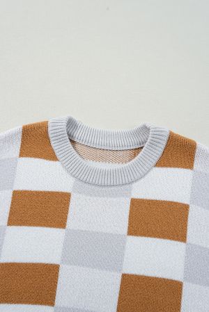 Women’s White, Gray and Brown Checkered Off-Shoulder Sweater