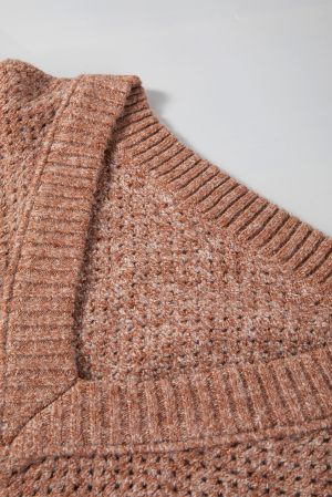Women’s Brown Open-Knit Sweater with V-Neckline