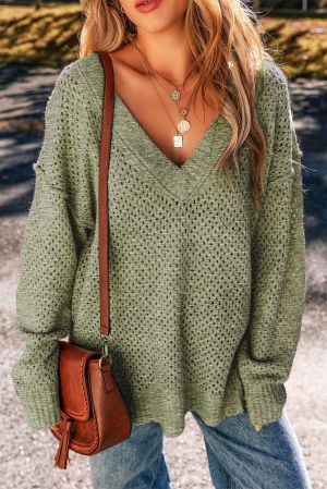 Women’s Green Open-Knit Sweater with V-Neckline