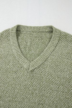 Women’s Green Open-Knit Sweater with V-Neckline