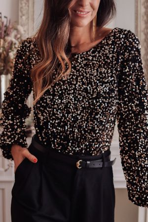 Women's Black Sequin Bodysuit with Deep V-Back and Puff Sleeves