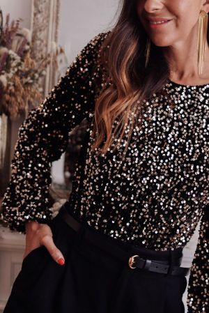 Women's Black Sequin Bodysuit with Deep V-Back and Puff Sleeves