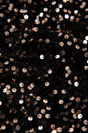 Women's Black Sequin Bodysuit with Deep V-Back and Puff Sleeves