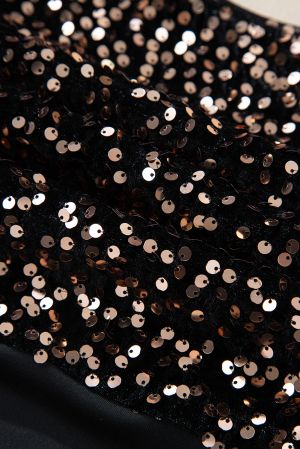 Women's Black Sequin Bodysuit with Deep V-Back and Puff Sleeves