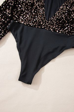 Women's Black Sequin Bodysuit with Deep V-Back and Puff Sleeves