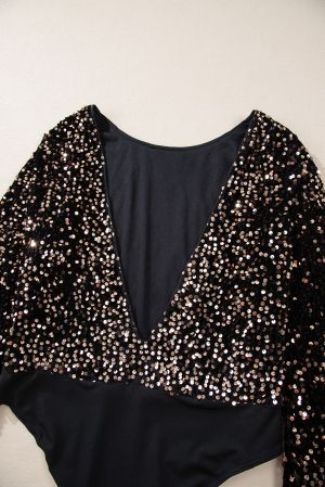 Women's Black Sequin Bodysuit with Deep V-Back and Puff Sleeves