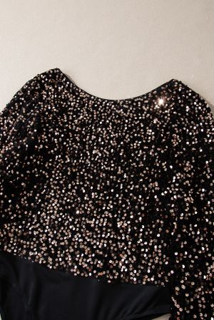Women's Black Sequin Bodysuit with Deep V-Back and Puff Sleeves