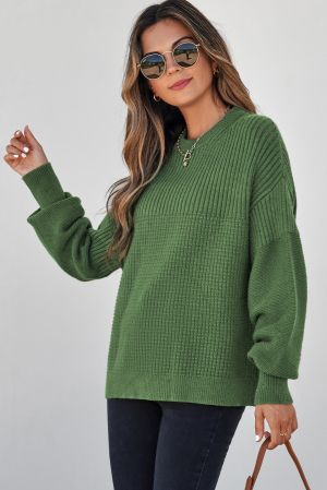 Women's Green Knitted Sweater with Textured Design