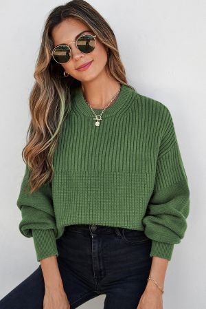Women's Green Knitted Sweater with Textured Design
