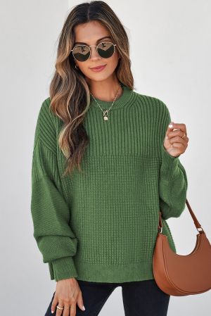 Women's Green Knitted Sweater with Textured Design