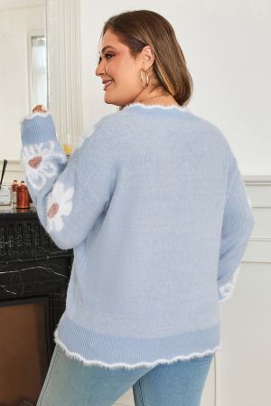 Дамски пухкав пуловер с цветя и V-образно деколте, макси размери