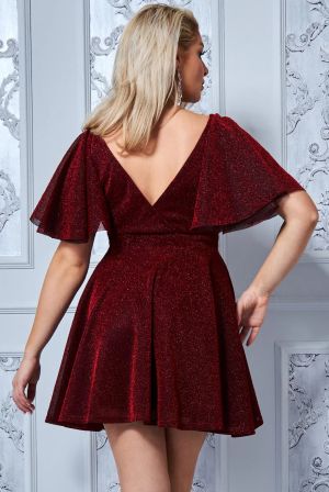 Women's Red Glitter Short Dress with Flared Skirt and Flutter Sleeves