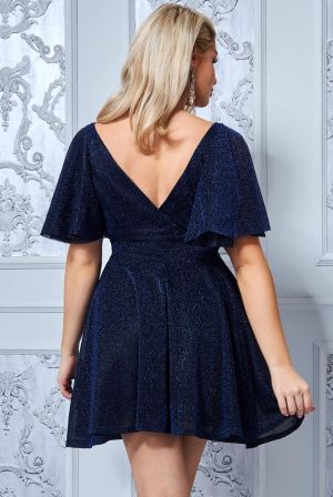 Women's Navy Glitter Short Dress with Flared Skirt and Flutter Sleeves