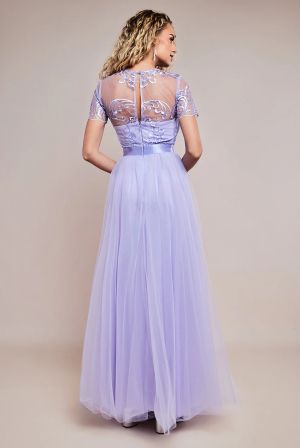 Women's Long Lavender Tulle Dress with Embroidered Bodice and Satin Waistband