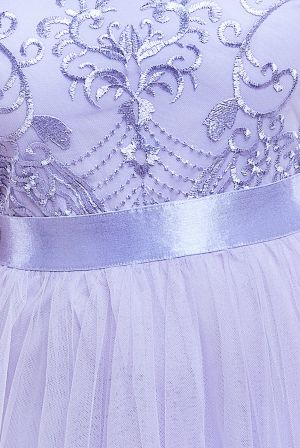 Women's Long Lavender Tulle Dress with Embroidered Bodice and Satin Waistband
