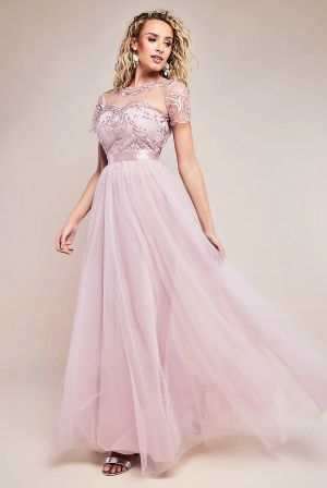 Women's Long Blush Tulle Dress with Embroidered Bodice and Satin Waistband
