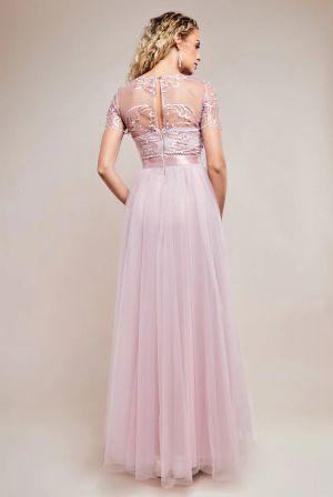 Women's Long Blush Tulle Dress with Embroidered Bodice and Satin Waistband