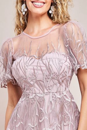 Women's Long Blush Tulle Dress with Embroidered Bodice and Satin Waistband