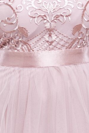 Women's Long Blush Tulle Dress with Embroidered Bodice and Satin Waistband