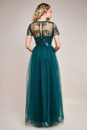 Women's Long Emerald Green Tulle Dress with Embroidered Bodice and Satin Waistband