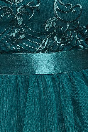Women's Long Emerald Green Tulle Dress with Embroidered Bodice and Satin Waistband
