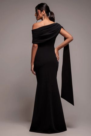Women's Elegant Long Black One-Shoulder Draped Evening Dress