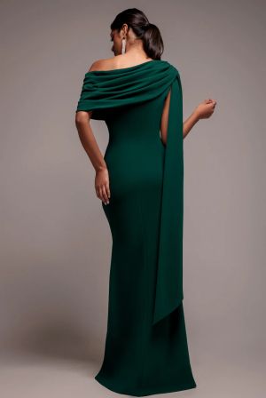 Women's Elegant Long Emerald Green One-Shoulder Draped Evening Dress