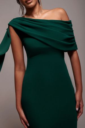 Women's Elegant Long Emerald Green One-Shoulder Draped Evening Dress