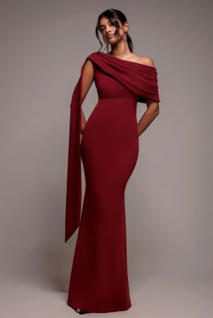 Women's Elegant Long Burgundy One-Shoulder Draped Evening Dress