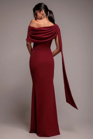 Women's Elegant Long Burgundy One-Shoulder Draped Evening Dress