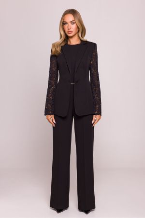 Luxury Black Blazer with Lace Sleeves and Single‑Button Closure