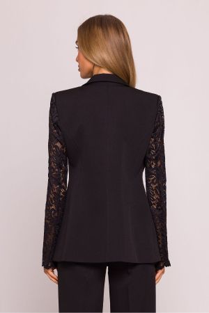Luxury Black Blazer with Lace Sleeves and Single‑Button Closure