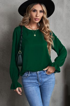 Women's Dark Green Blouse with Elastic Cuffs and Relaxed Fit