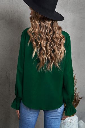 Women's Dark Green Blouse with Elastic Cuffs and Relaxed Fit