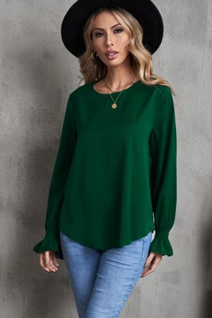 Women's Dark Green Blouse with Elastic Cuffs and Relaxed Fit