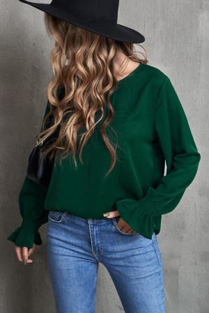 Women's Dark Green Blouse with Elastic Cuffs and Relaxed Fit