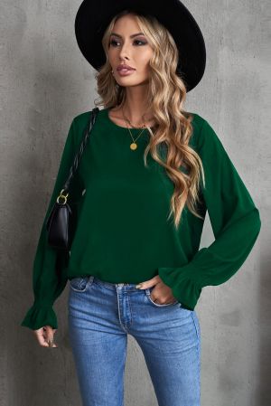 Women's Dark Green Blouse with Elastic Cuffs and Relaxed Fit