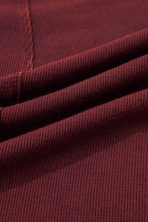 Women's Burgundy Ribbed Top with Decorative Seams and Cuff Buttons