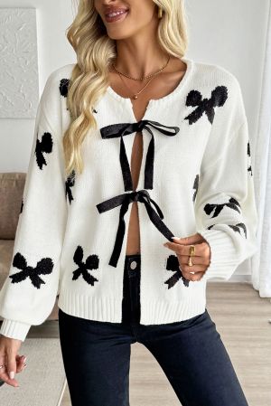 Women’s White Cardigan with Black Bow Details and Front Ties