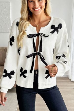 Women’s White Cardigan with Black Bow Details and Front Ties