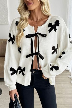 Women’s White Cardigan with Black Bow Details and Front Ties