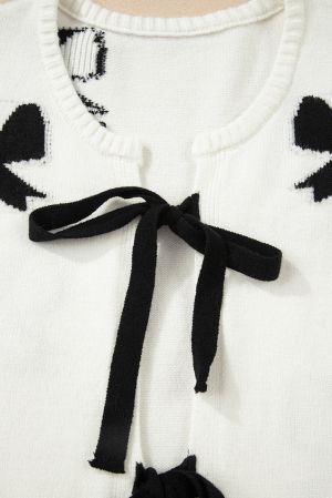 Women’s White Cardigan with Black Bow Details and Front Ties