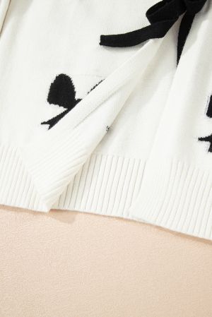 Women’s White Cardigan with Black Bow Details and Front Ties