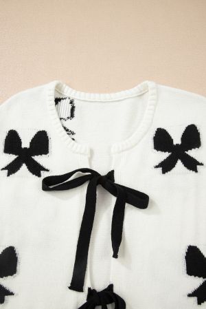 Women’s White Cardigan with Black Bow Details and Front Ties