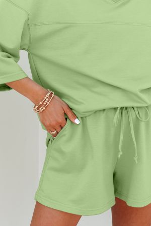 Meadow Mist Green Solid Loose V Neck Half Sleeve Tee and Shorts