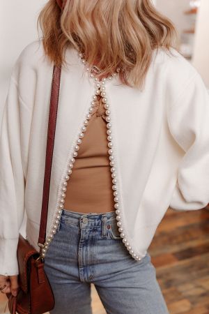 Women’s Delicate White Cardigan with Pearl Details